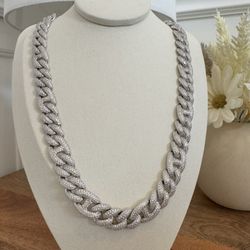 New Moissanite 12MM 22In Cuban Link Chain Hip Hop Necklace, 18K White Gold Plated Sterling Silver