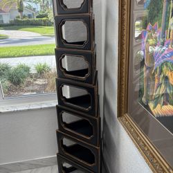 DCOTA 63” INTERLUDE HOME INC Wall Unit. 7 Triangle Cubes. Miami Design District Black & Gold Asian Chinoiserie Mid Century Modern MCM Vibe. All Wood!