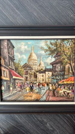 Framed Paris Street Scene Wall Art – Sacré-Cœur Painting – Vintage Style Decor