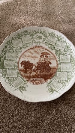 1910 Antique Calendar Plate – Early English Transferware, Green Backstamp