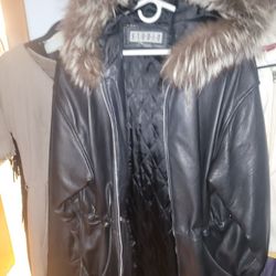 Women's Large Lambskin Leather Fur Hooded Winter Coat