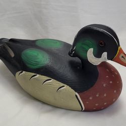 Vtg Weathered Wood Handcarved&Painted Duck American Wild Fowl Service1985 Signed