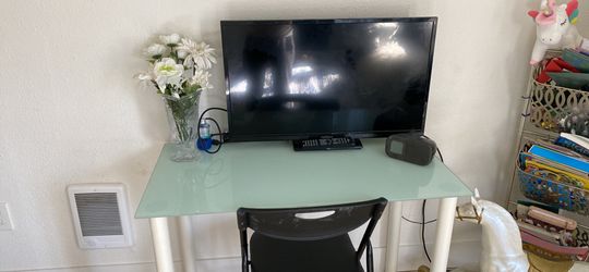 Very Nice Frosted Blue Green Glass Table Top Desk  20x39