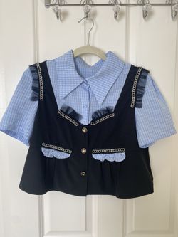 Women Navy Two in One Piece Blazer Blouse Shirt Cute Top Size L