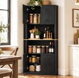 67" Tall Corner Cabinet, Kitchen Pantry Storage Cabinet with 4 doors Modern Farmhouse Food Pantry Cabinet with Open Shelves, Freestanding Corner Hutch