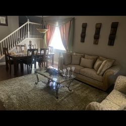 Living room set (couch, Loveseat, Coffee table, 2 end tables, lamps, rug, Dinette Set