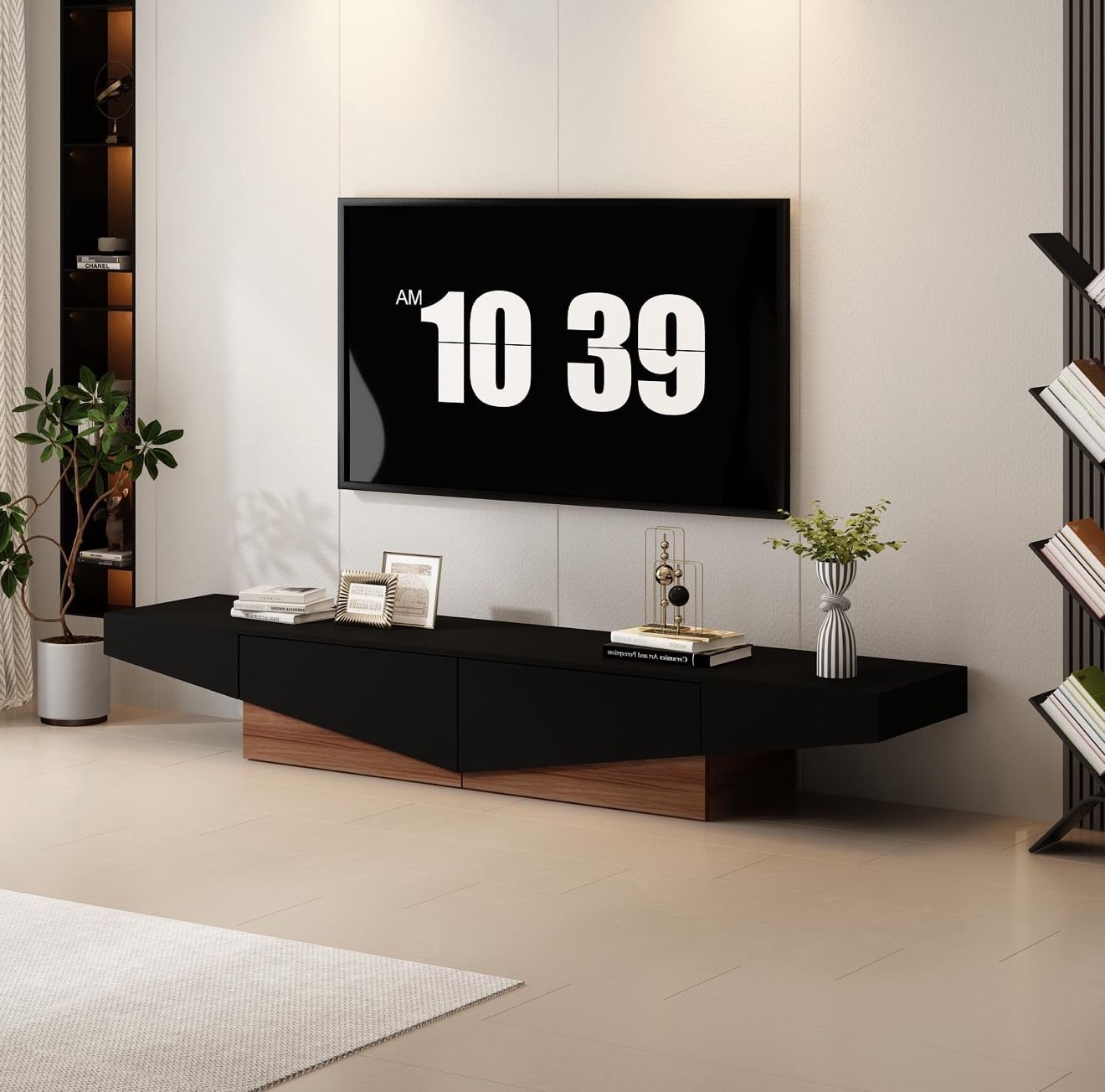 TV Stand with 2 Drawers, Modern TV Console Table Media Console Table with Hidden Handles, Contemporary Media Console for Living Room, No Handle, Black