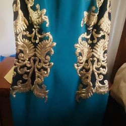 Tadashi Shoji Teal and Gold Backless Dress Size Medium Cocktail Party Dress