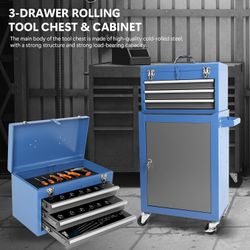 Blue Mechanics' Workshop Mobile Tool Cart w/ 3-Drawer Tool Chest and Large Storage Cabinet w/ Shelf [NEW IN BOX]