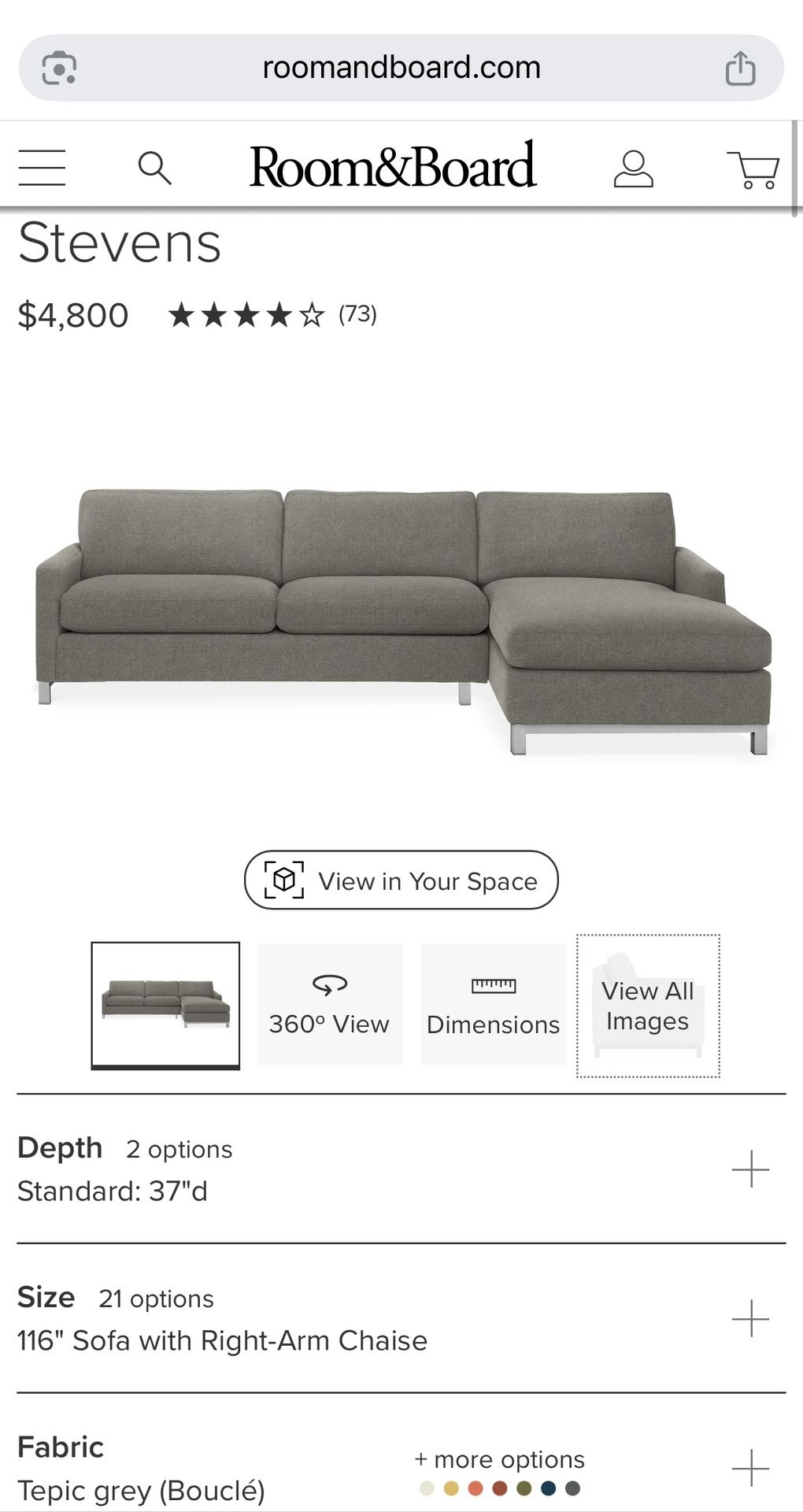 Room & Board Sectional Sofa – L-Shaped w/ Right Chaise – Grey – $1000 OBO