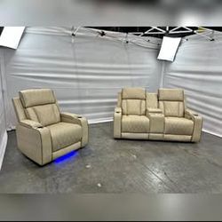 2 Pc Beige Color Breathing Leather Recliner Sofa Set