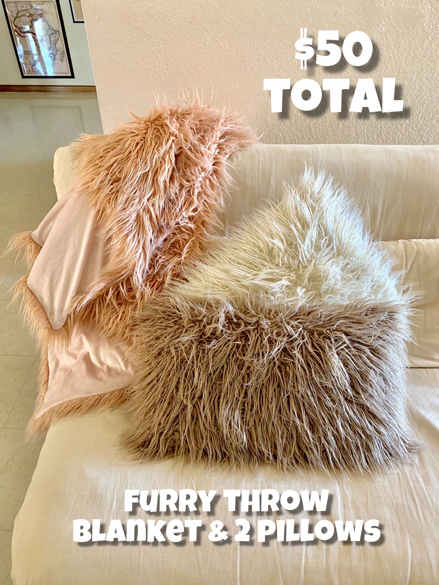 Furry Mauve Throw Blanket & 2 Furry Throw Pillows (grey & white)