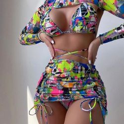 4PC Printed Bikini Set Swimsuit Women's Cover Up