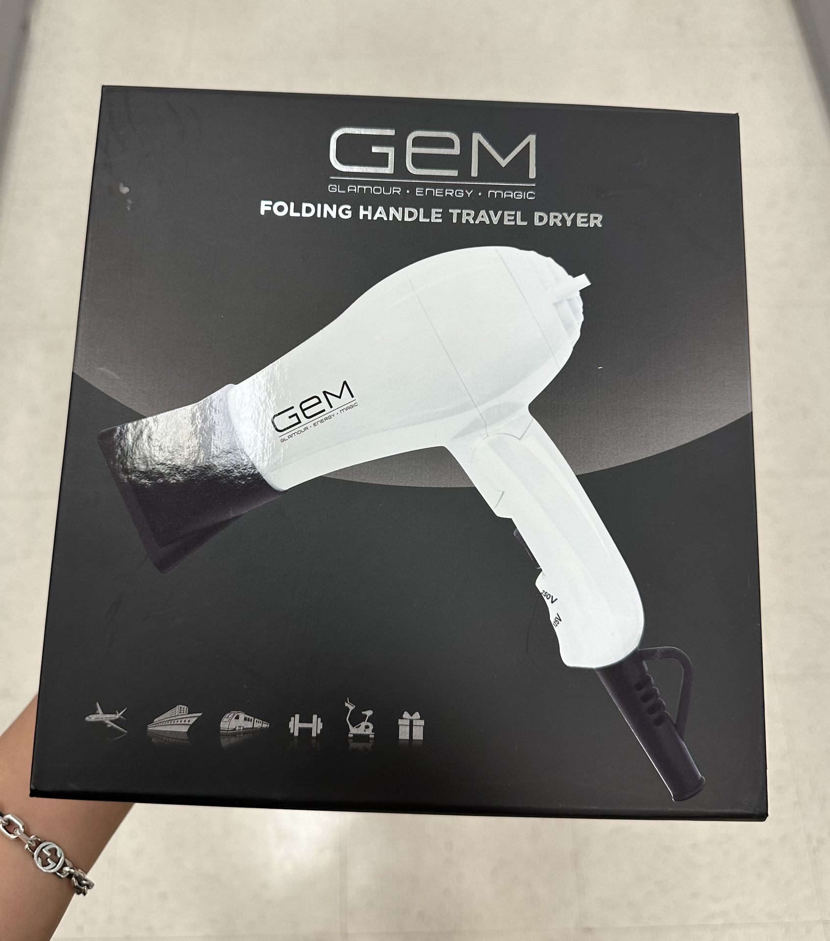 New In Box GEM Folding Handle Travel Hair Blow Dryer 1200W, White, Pro, 6 1/2 “