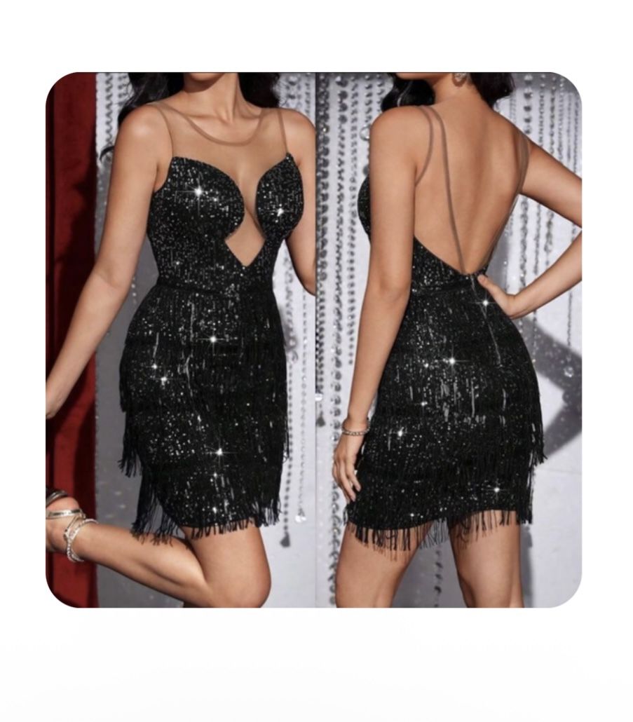 Luxe fringe detail party holidays sequins dress