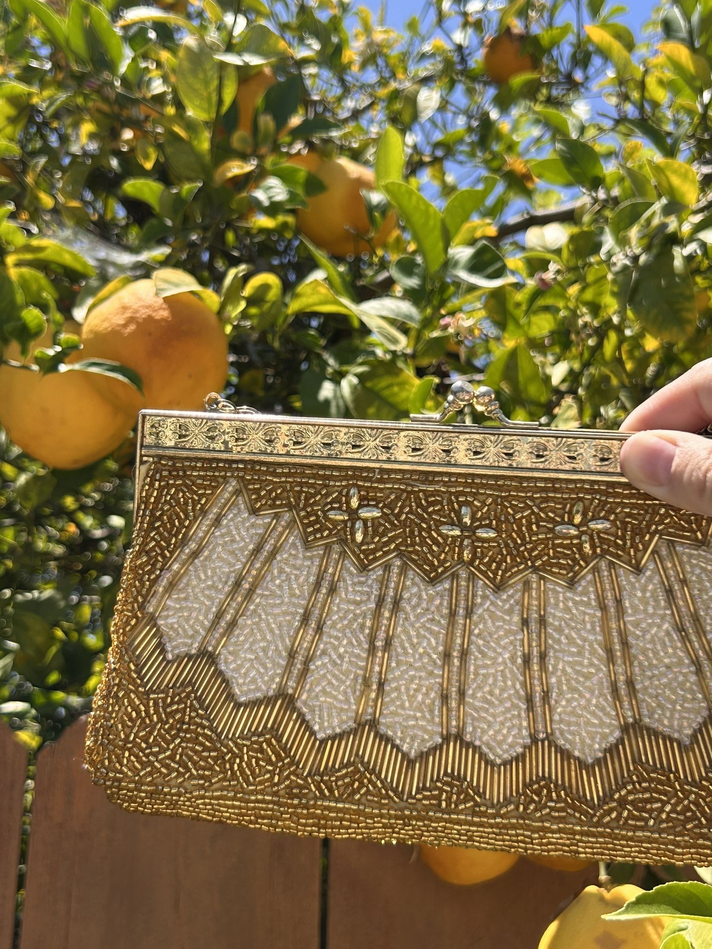 Vintage Beaded Evening Clutch – Gold & Pearl Art Deco Purse with Chain