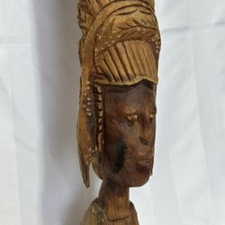 Vintage Hand-Carved Wood Tribal Figure with Feather Headdress