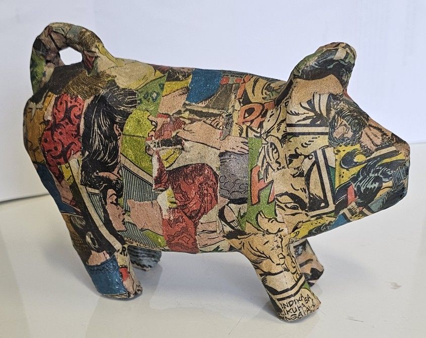 Vintage Folk Art Comic Strip Paper Mache  Pig