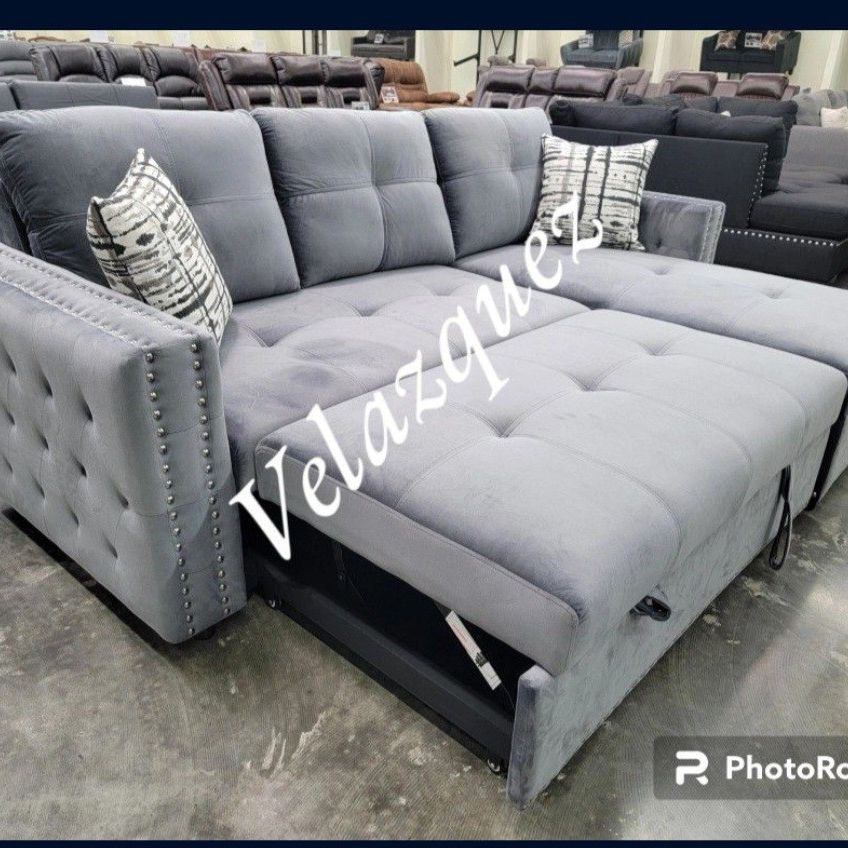 ✅️✅️2 pc grey velvet sectional sofa set pull out sleep area with reversible pop up storage chaise nail head trim tufted accents✅️