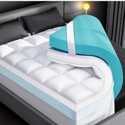 Dual Layer Memory Foam Mattress Topper for Pain Relief with 2X Support, 2" Fluffy Pillow Top Queen Mattress Topper Plus 2" Odor-Free Cooling Gel Memor
