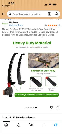 Manual Pole Saw 8.2-15.1FT Extendable Tree Pruner, Pole Saw for Tree Trimming with 2 Double-Hooked Saw Blades & Scissors for High Branches