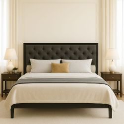 King Bed Frame with Upholstered Headboard, Chic Diamond Stitched Tufted Design, No Box Spring Needed, Dark Grey
