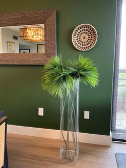 Clear Glass Cylinder Floor Vase (Includes Green Papyrus Stems)