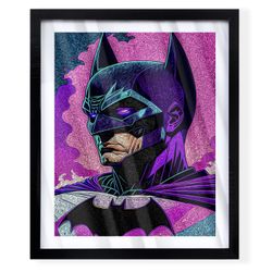 Custom art piece of Batman with purple colors on black frame