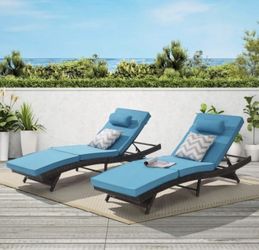 NEW Light Blue Wicker Outdoor Lounge Chair with Light Blue Cushions Recliner up to 150° Beach Poolside Garden (Set Of Two)