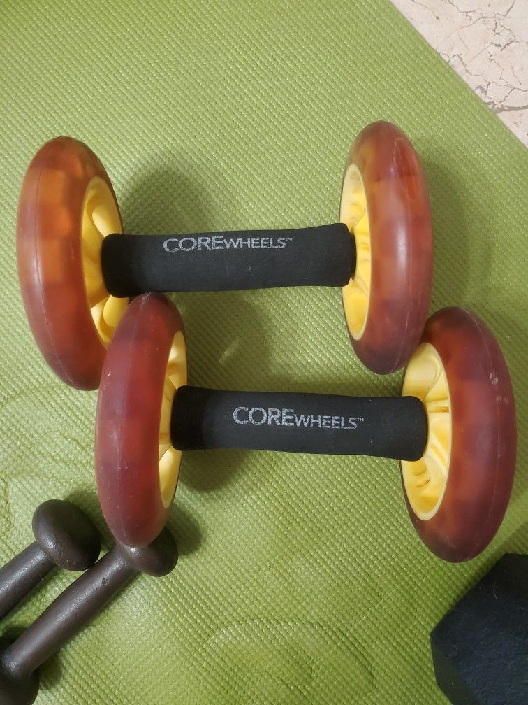Gym Equipment: 2lb pair dumbells, Corewheel pair, 6lb Ball, Weighted Bar