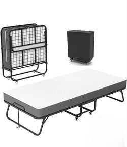 Portable Folding Bed with Mattress & Cover – Twin Rollaway Guest Bed on Wheels