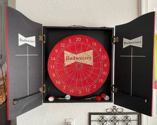 Budweiser Dart Board in Wood Cabinet