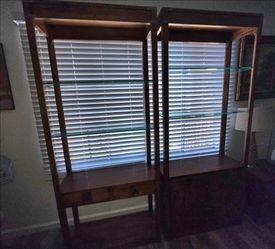 Pair of 1970's Hekman Campaign Style Oak, Brass and Glass shelving Units