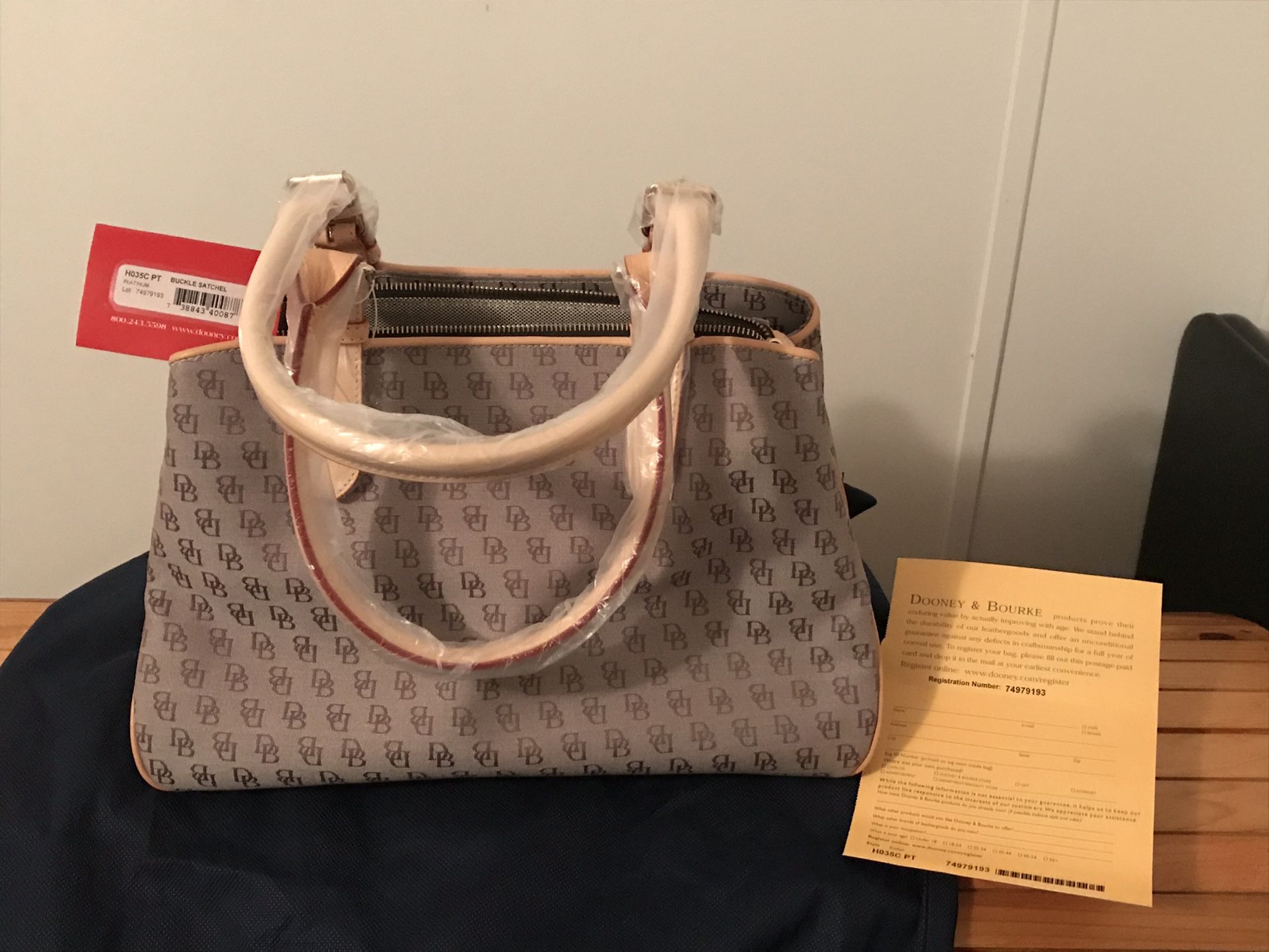 Authentic Dooney & Bourke Monogram Large Buckle Satchel Taupe Canvas NWT + Accessories