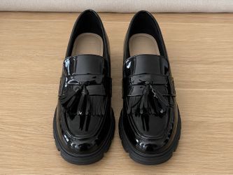 Women’s Black Patent Tassel Loafers Size 11 – Chunky Lug Sole Slip On Shoes