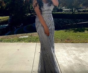Silver Beaded Mermaid Formal Gown