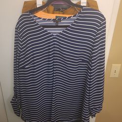 Talbots Navy Blue White Stripes Long Sleeve Shirt Size XL