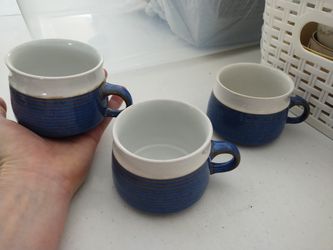3 Short Blue and White Coffee Mugs Or Teacups