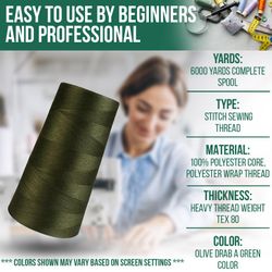 Sewing Thread 6000 Yards Spool Jean and Top Stitch, Polyester Heavy Weight Tex 80, Color OLIVE Drab Green Color DYI Upholstery A&E USA