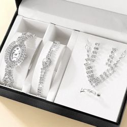 5pcs Set Luxury Necklace Earrings Necklace Watch Ring Rhinestone Fashion