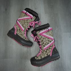 Coach Marian Lace Up Snow Boots Size 9 Signature Logo Brown & Pink Mid Calf Boot