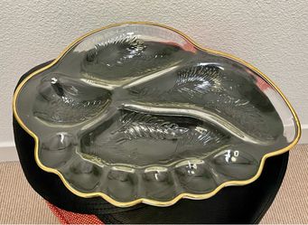 Vintage/MCM Jeannette Glass 6-Section Divided Platter with Feather Leaf Pattern with 22K Gold