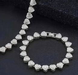 Exquisite Micro Pave 14K White Gold-Plated Cubic Zirconia lHeart shaped Necklace & Bracelet Set