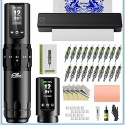 Filter Tattoo Stencil Printer Kit - Complete Tattoo Gun Starter Set for Beginners with 7 Strokes 2.0-4.0mm Extra 1600mAh Power Supply 20Pcs Tattoo Car
