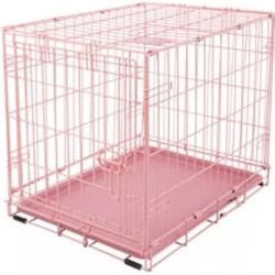 Pet Dog Cat Folding Crate W Pan, Pink, 24.7x17.4x19.4, Metal, NEW