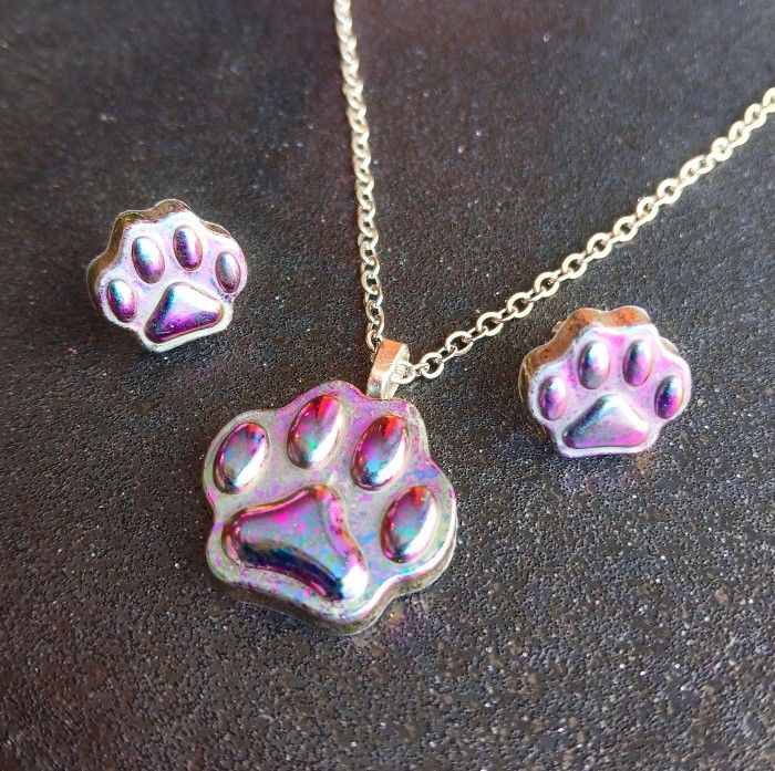 Cat animal paw print rainbow color shift necklace studs earring set new resin