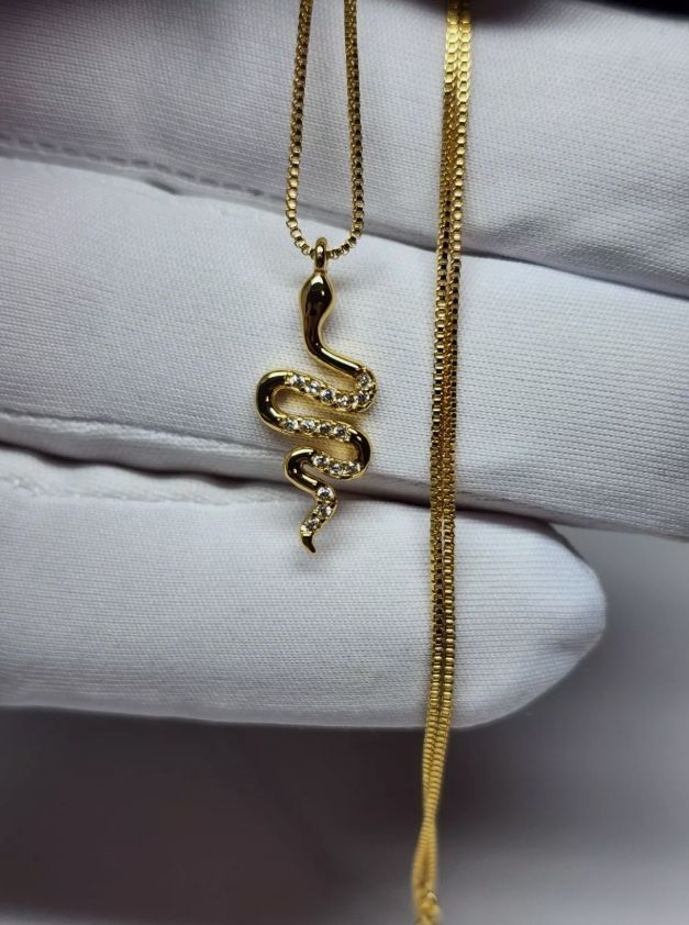 Gold Plated Snake Pendant Necklace With Box Chain, Cubic Zirconia Women