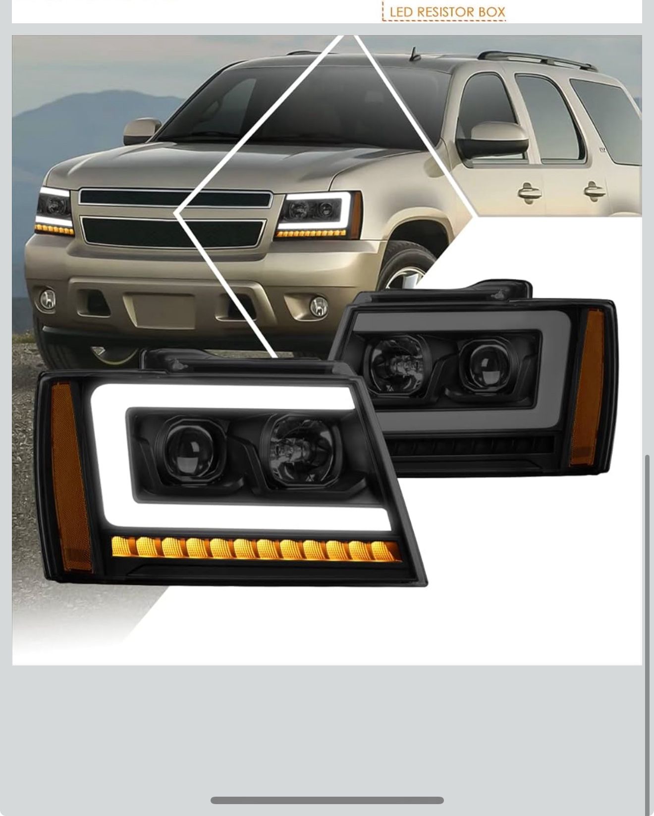 New in box PM PERFORMOTOR Black Smoked Housing amber Corner C-Shape LED Light Projector Headlights Compatible with 07-13 Avalanche Suburban 2500/07-14