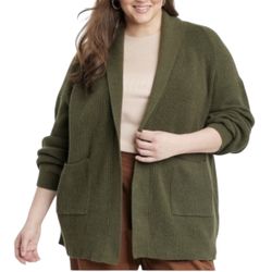 a new day ribbed soft cotton olive green cardigan w/pockets women plus size 1X