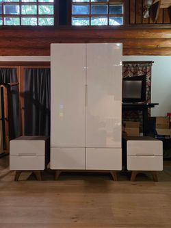 Mid Century Modern Wardrobe and nightstand set - Walnut/White